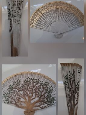 Hand painted Wood Fan Tree Of Life Wedding Design Gold White Custom Bulk